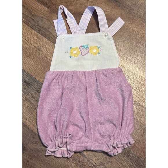 VTG Baby Purple Terrycloth Romper W  Strawberry & Flowers & Gingham Straps - Picture 1 of 9